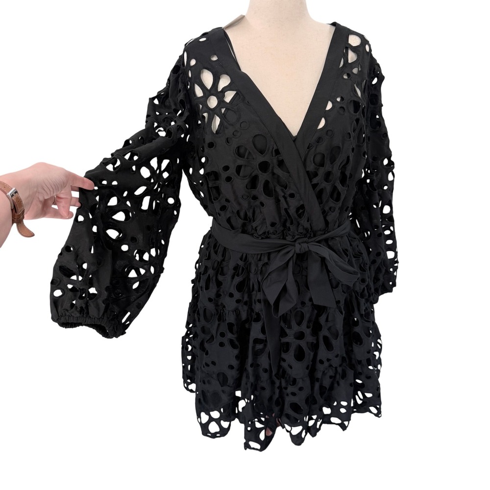 Eloquii Black Eyelet Cutout Wrap Mini Dress Long Balloon Sleeve Plus Size 18 NEW
